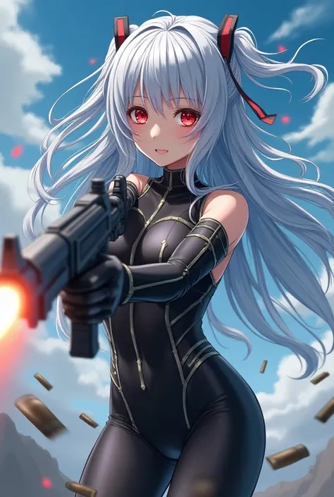 Best Quality,Highest quality, super reality ,１Goddess  , Japanese idol face , long lashes, large machine gun shooting ,smile,Real 1.8,Silver Hair, holding weapons the same size as her height {x} gradation of light blue hair over the tips of her hair,( very...