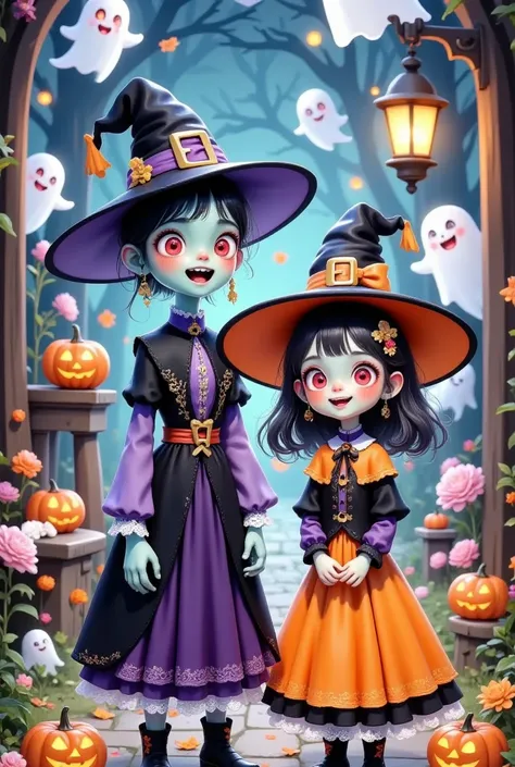 Cute little zombie and cute little witch in hats，Halloween，Pleasant，fantasy ghost， pumpkin lantern