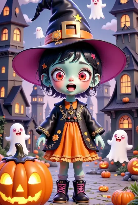 Cute little zombie and cute little witch in hats，Halloween，Pleasant，fantasy ghost， pumpkin lantern，Magic Castle