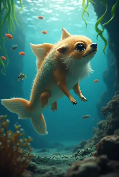 Imagination: a hybrid animal with the face of a dog and the body of a fish full image 