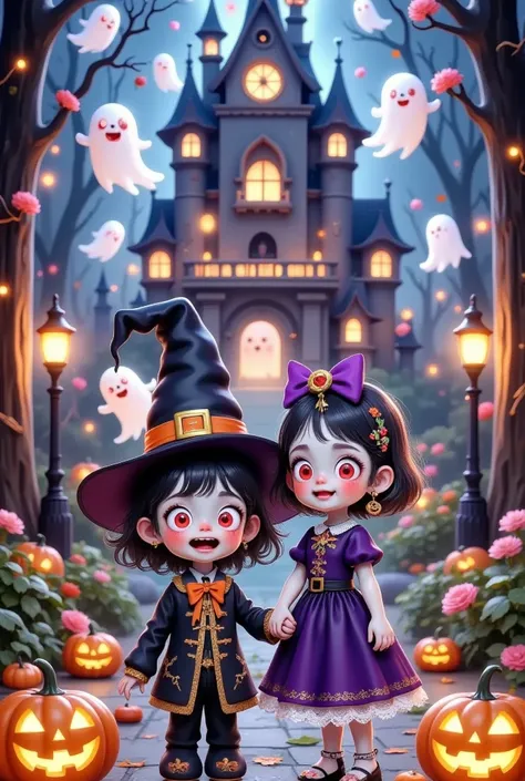 a cute little zombie wearing a hat, a cute little witch, halloween, happy, dreamy ghosts, jack-o-lanterns, magic castle, highly detailed, 4k, 8k, photorealistic, masterpiece, hyperrealistic, vivid colors, dramatic lighting, atmospheric, enchanting, whimsic...