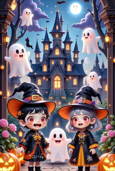 Two dolls ，Cute little zombie and cute little witch in hats，Halloween，Pleasant，fantasy ghost， pumpkin lantern， Magic Castle