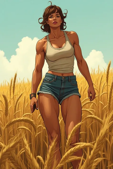 Image manga dune belle femme bodybuildeuse fermière musclée travaillant dans un champs de blé. Elle a de gros biceps et de grosses jambes. 