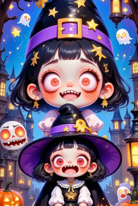 Two dolls ，Cute little zombie and cute little witch in hats，Halloween，Pleasant，fantasy ghost， pumpkin lantern，Magic Castle