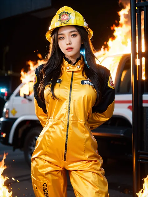 visual impact，blazing fire，sexy long-haired beautiful firefighter，good figure，sexual tension，wearing fire suit， with a fire hat ...