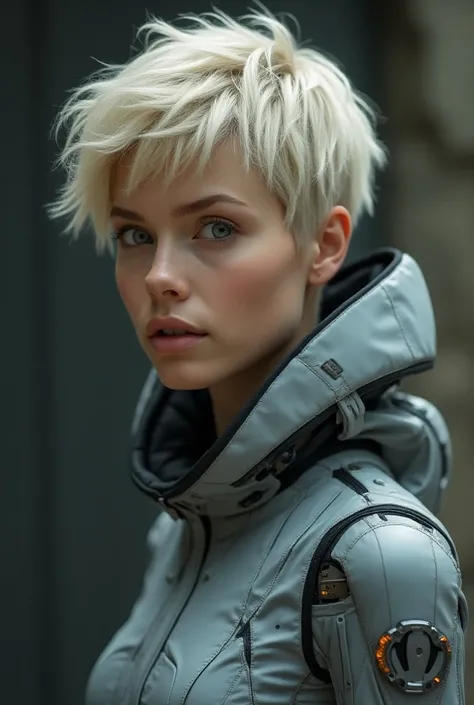 blonde with short hair, medium-sized ,  dressed in futuristic clothes