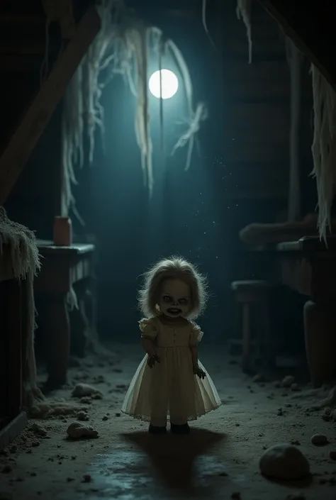 Create a dark and eerie attic filled with cobwebs and old furniture. In the center, focus on an antique porcelain doll with cracked features and a sinister grin, partially illuminated by moonlight. Add a hint of dust particles floating in the air to enhanc...