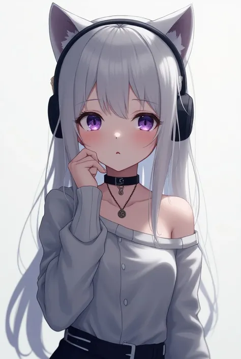 Gray Hair,   purple eyes, A little embarrassed,  cat ear headphones,  choker,  simple, Short,  miniskirt in length, boots, Shoulder Bare, 