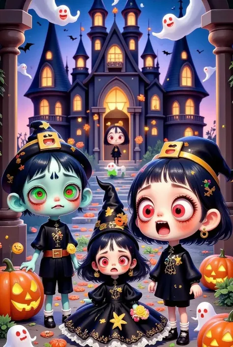 two cute little zombie dolls wearing hats,a cute little witch doll,happy halloween,whimsical,fantasy ghosts,pumpkin lanterns,magic castle,candies,trick or treat,(best quality,4k,8k,highres,masterpiece:1.2),ultra-detailed,(realistic,photorealistic,photo-rea...