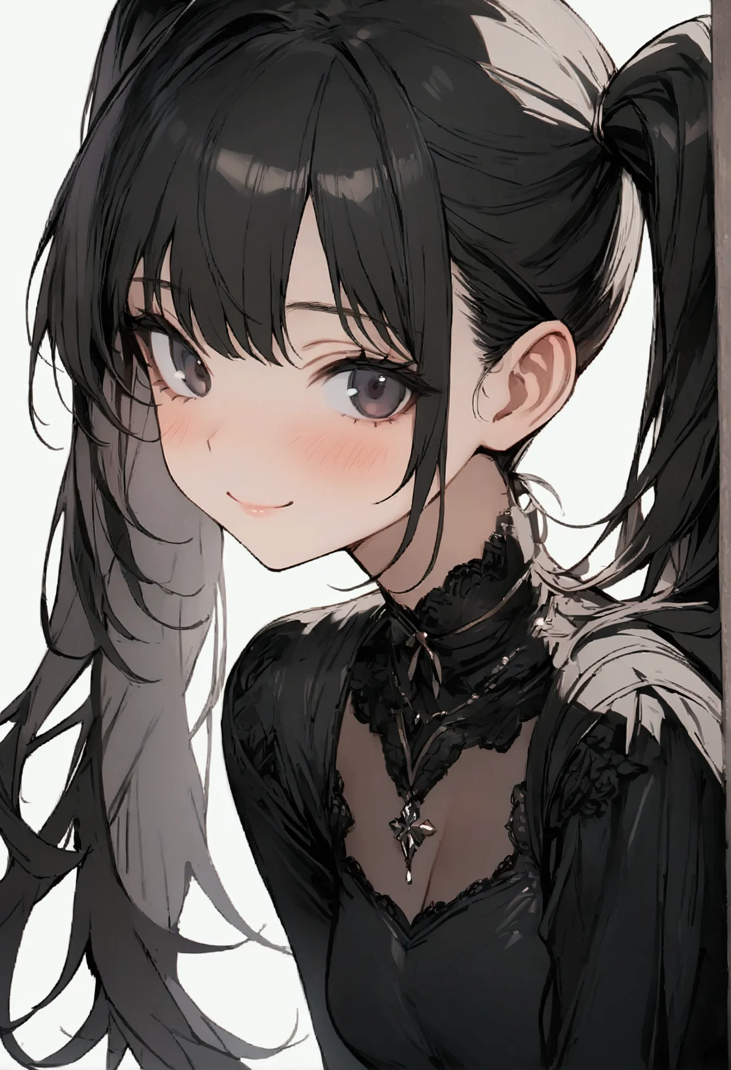 one girl, high twin tails, high pigtails, hair bangs, medium hair length, black hair, dark eyes, pretty face, slim figure, short...