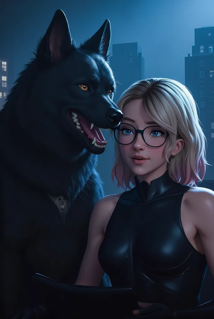 black dog, a werewolf with heterochromia and looks like a puterier who likes the cat woman who wears braces and glasses