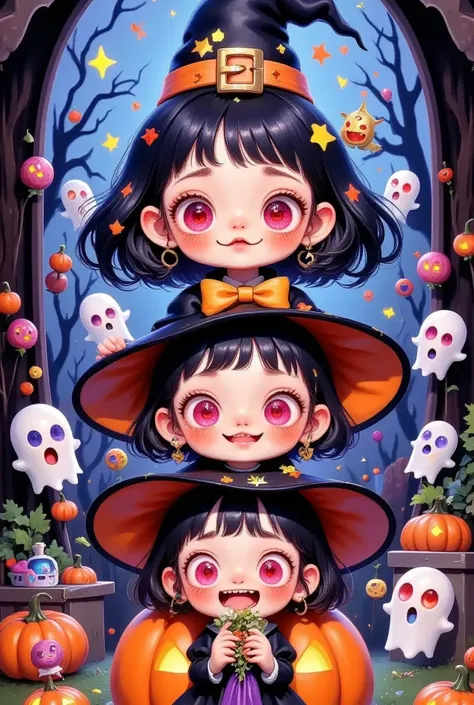  A cartoon image of three people dressed as witches, Digital art by Android Jones , ArtStation Trends , Gothic art,  Halloween art style,  cute detailed digital art, Halloween Candy,  cute art style, Halloween scene, Halloween theme,  cute digital art, 🍁  ...