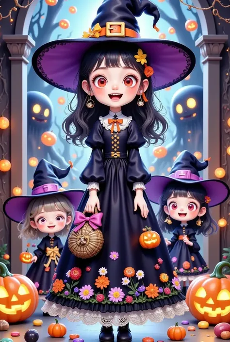  A cartoon image of three people dressed as witches, Digital art by Android Jones , ArtStation Trends , Gothic art,  Halloween art style,  cute detailed digital art, Halloween Candy,  cute art style, Halloween scene, Halloween theme,  cute digital art, 🍁  ...