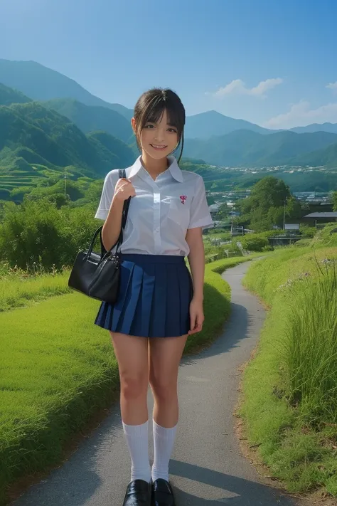 1japanese girl, white short sleeve collared shirt, white folded socks, pleated skirt, black loafers, lower ponytail, bangs, scho...