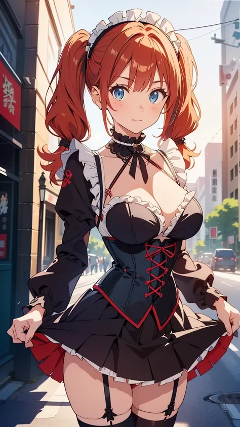 黒いGothic Maid, very tight clothes 、 clothes that stick very to the skin、corset:1.5,　 miniskirt in length、white panty pa garter stockings、 Short Hair,  red hair,  twin tails, (low、  twin tails:1.5),  headband ,white  headband ,  blue eyes , Detailed eyes、Sa...