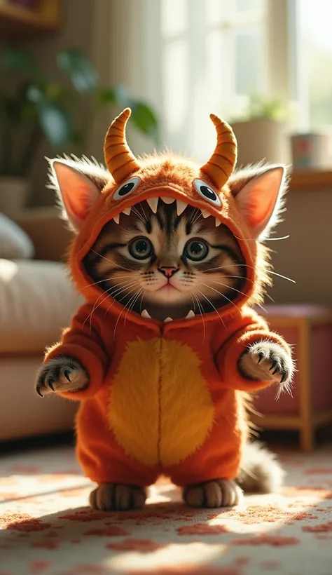  A cute kitten wearing a monster costume 、 The kitten is standing like a human and facing the front、The kitten is in the room 