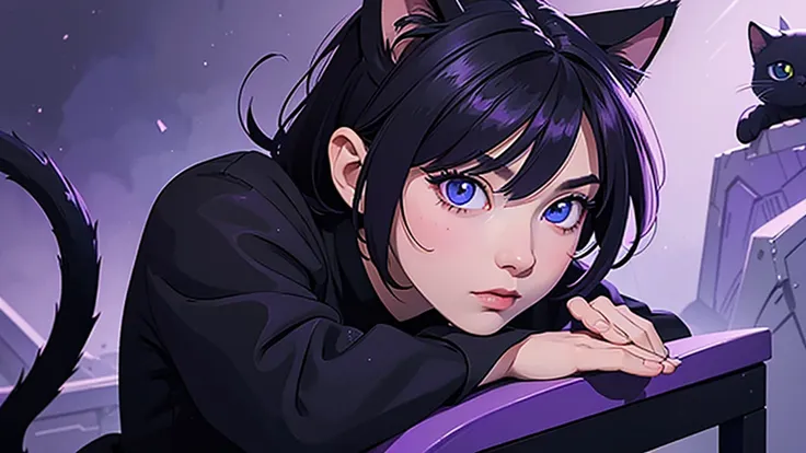 there is a black cat with blue eyes sitting on a purple surface, purple cat, cat from the void, realistic anime cat, anime cat, ...