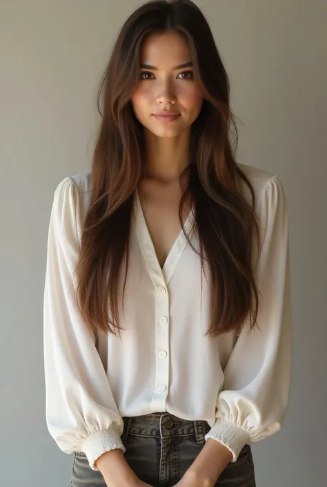   make a custom blouse with Sophia Sterling&#39;Picture and her name   、 brown long straight hair 