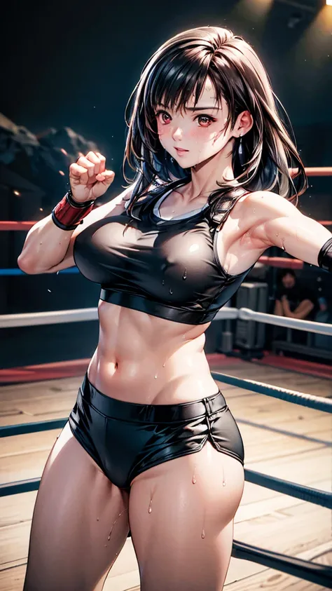   boxing ring、 spotlight、(Many men and women) （Being attacked by a man）、expensive, 170 centimeters、  (Deep in the mountains 、Crazy behavior), 、、( fighting pose with both arms sticking out)、Long Hair、Sweaty body、 wet hair ,  Underarm, (expensive色彩彩度:1.0),  ...