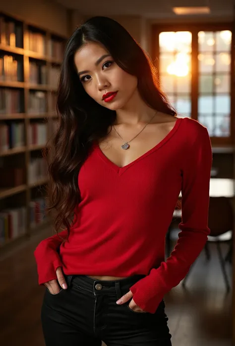 Brunette Vina Sky thin, slim female supermodel with, closeup a-cup breasts bursting out of her red sweater, cleavage, heavy makeup, bright red lips, black jeans, background college library, sunset, seductive smirk