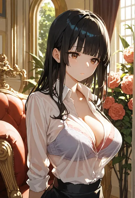 score_9, score_8_up, score_7_up, ASCII score_9, source_anime,1girl, solo, long hair, black hair, brown eyes, mole under eyes, blunt bangs, hime cut, sidelocks, hair to the waist, BREAK, large breasts, see-through breasts silhouette, blurry body silhouette,...