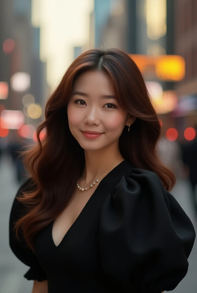 a korean model woman wearing black puffsleeves top, with long brown hair in big curls, she is facing the front and smiling towards the camera, zooming in her face, the background should be streets in new york city, realistic, warm colors