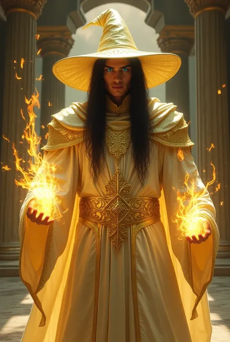 Create Magic the Gathering style a handsome man with long straight shiny black hair with white skin and blue eyes smooth neon face wearing neon gold metallic wizard hat wearing light shimmering pearlescent white armor with ruined neon gold ornaments energi...