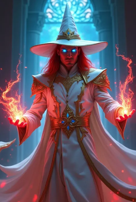 Create Magic the Gathering style a handsome man with long straight hair shimmering red with white skin and blue eyes smooth neon face wearing neon gold metallic wizard hat wearing light shimmering pearlescent white armor with neon blue ruined ornaments ene...