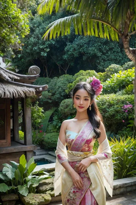 with beautiful detailed eyes and lips, traditional balinese attire, standing gracefully in a vibrant garden. the illustration ca...