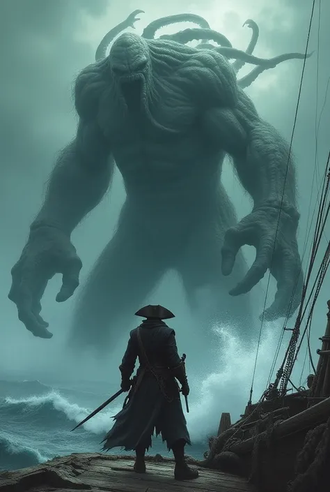 A pirate on a huge boat in a battle against the Cthulhu