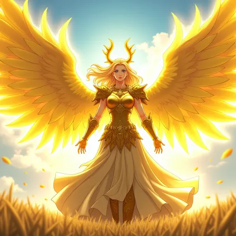  The woman wearing the golden armor of Aries Divina is an imposing and majestic figure .  Your armor shines brightly ,  reflecting light with elaborate details and symbols that represent the Aries constellation.  The large golden wings extend backwards , r...