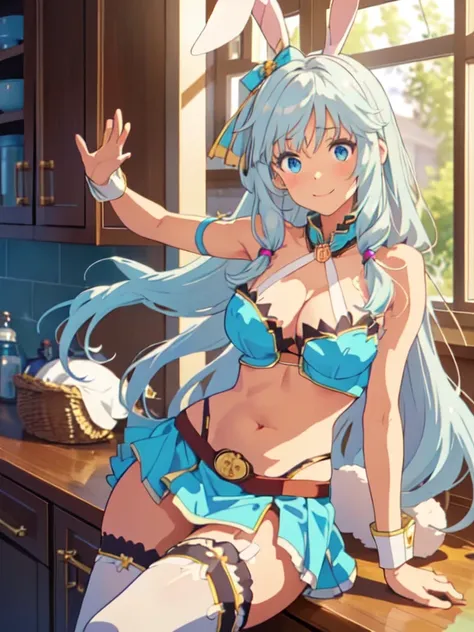 (best quality, masterpiece:1.2), cowboy shot, ultra detailed, 1girl,  shea haulia, break, shea haulia, rabbit girl, aqua hair, s...