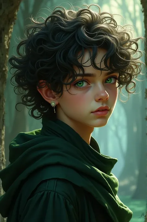 I create an image of a boy with big curly hair that goes up to his shoulder as if he were a wizard but put it like him with green eyes and an earring on his right ear and make him a little sexual