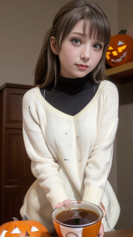 8k high definition quality、a room decorated for halloween、halloween sweater, cute sweater、state of the art coffee maker、 cute hi...