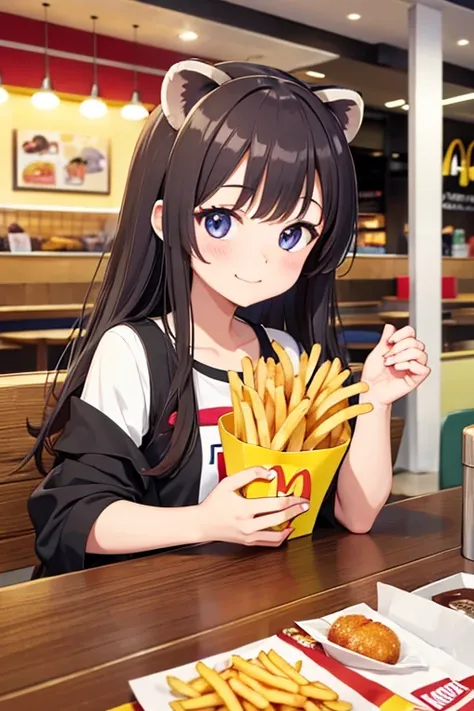 anime、High image quality、 high resolution、Raccoon dog eating french fries、 in McDonalds、