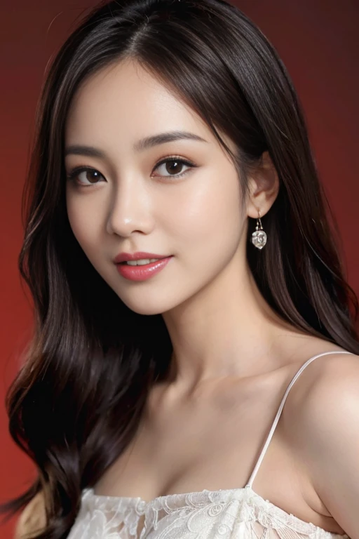 High quality, Masterpiece, , very high resolution, ( Realistic Portrait :1.4), Raw images, 32K portraits,   extremely detailed , Cowboy Shoot, 1 girl in,  The most famous Japanese celebrities ,Wearing only a light red evening dress, Pure smile ,   looking ...