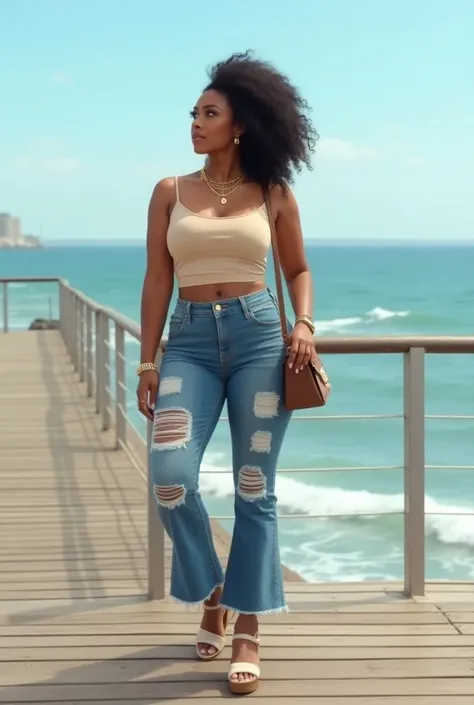 A curvaceous Black woman in a fitted tank top in light beige, paired with high-waisted, flare-cut distressed jeans and chunky heeled sandals. She accessorizes with layered gold necklaces and a shoulder bag, and her hair is styled in a messy bun. The settin...