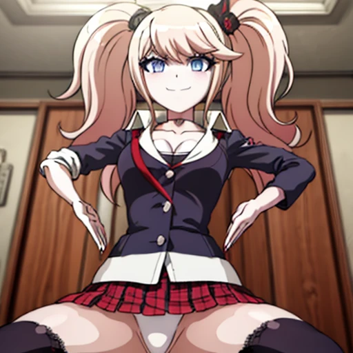 1 person, (( high quality)), Chest,(((  DETAIL FACE  ，)))  shiny , 1 personで, , Gloves,  Enoshima Junko, pink gold long hair ,  one girl playing pranks,  twin tails, Alone,  blue eyes ,, Bans, Bear fur ornament, (Red nails),  red ribbon,  Black Shirt , und...