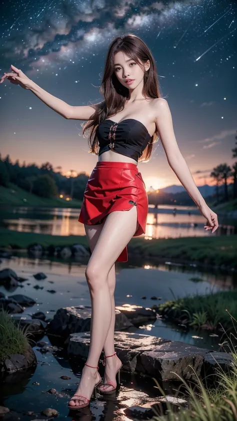 ulzzang-6500-v1.1, (RAW photo: 1.2), (Real photo), (Real photo: 1.4), 1 girl、Perfect anatomy、1、Looking at the camera、Medium length hair、sexy flared skirt, dancing, beside a vast lake in the middle of a wild forest, ((under the night sky with stars: 1.1))、A...