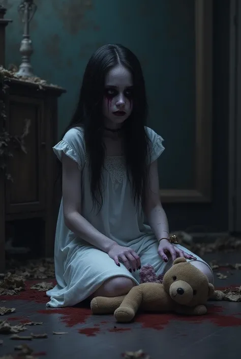 a girl sitting on the floor next to a teddy bear, deep rich gothic colors, advanced digital art, ghoul, gothic makeup, wearing a nightie ((tattered)), haunted and tired expression , a pretty porcelain doll, merged characters, glimmers of terror, pet, purpl...