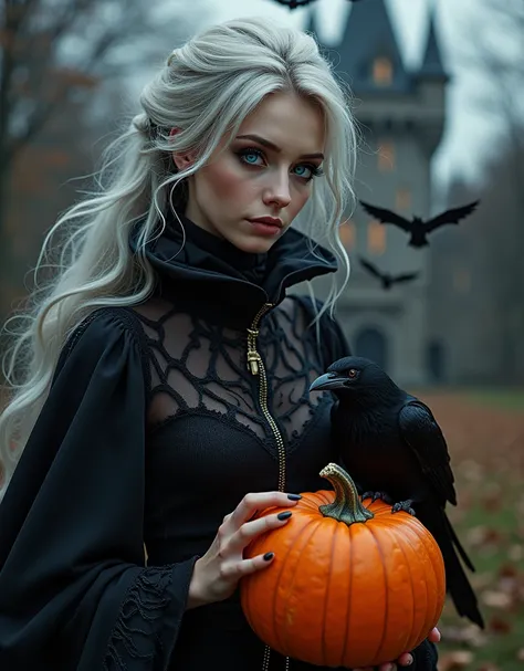 (((masterpiece. Incredibly beautiful female witch . The theme and mood of Halloween , image with Halloween elements ))), ((( image with many Halloween elements , Bats, Halloween style pumpkin ,  ominous old Halloween castle background and other fictional H...