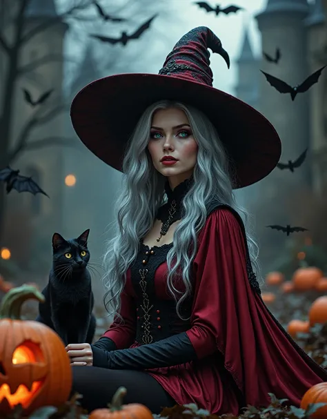 (((masterpiece. Incredibly beautiful female witch . The theme and mood of Halloween , image with Halloween elements ))), ((( image with many Halloween elements , Bats, Halloween style pumpkin ,  ominous old Halloween castle background and other fictional H...