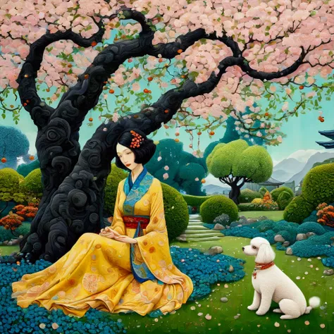 Breathtaking, rough impasto colourful acrylic art in the style of Amanda Clark, Jacek Yerka, Benjamin Lacombe and Amanda Sage. featuring bold colors and geometric patterns. A European woman, dressed in ochre and blue summer clothes, in a beautiful Japanese...