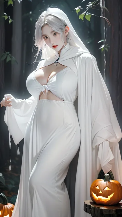 (（（figure，御姐figure,White and tender skin,（（ghost costume,ghost,The white female ghost ，White cape）））,,(（（No Head ））),((masterpiece)), highres ,((Best quality at best)),masterpiece,quality,Best quality,(（（  to the audience,）））,Huge breasts,苗条figure,forest,n...