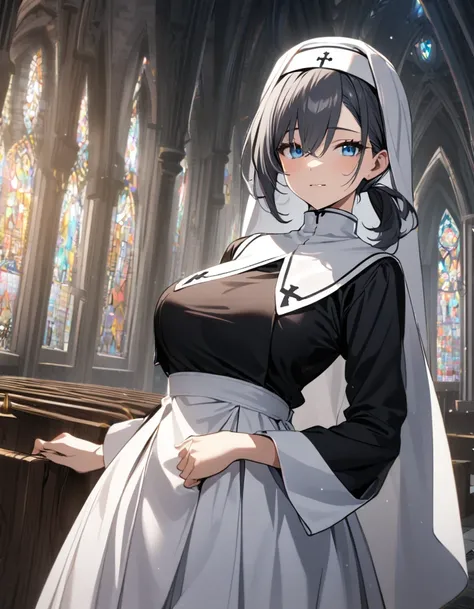 1girl,(gray black hair),spread short ponytail,blue eyes,large breasts,white nun habit, veil,church background