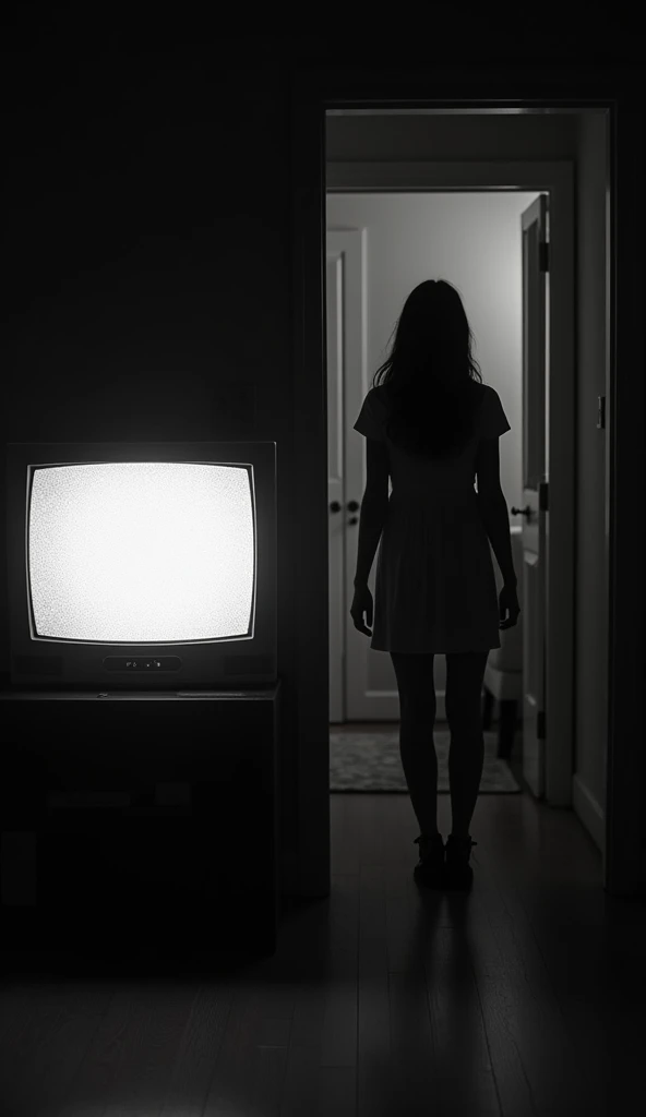 Scene 6: The Television Turning On Alone in the Living Room
Description: The black and white television, with no remote control, suddenly turns on in the dark room, showing static. Abigail appears in the hallway, irritated and confused, with the expression...