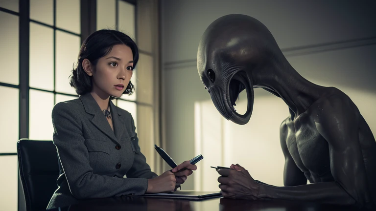 (masterpiece, photorealistic), american female journalist in 1940s outfit interviewing a tall grey alien in military office, warm dramatic lighting, cinematic composition, the alien sitting on chair with three long fingers, large black eyes, no mouth, grey...