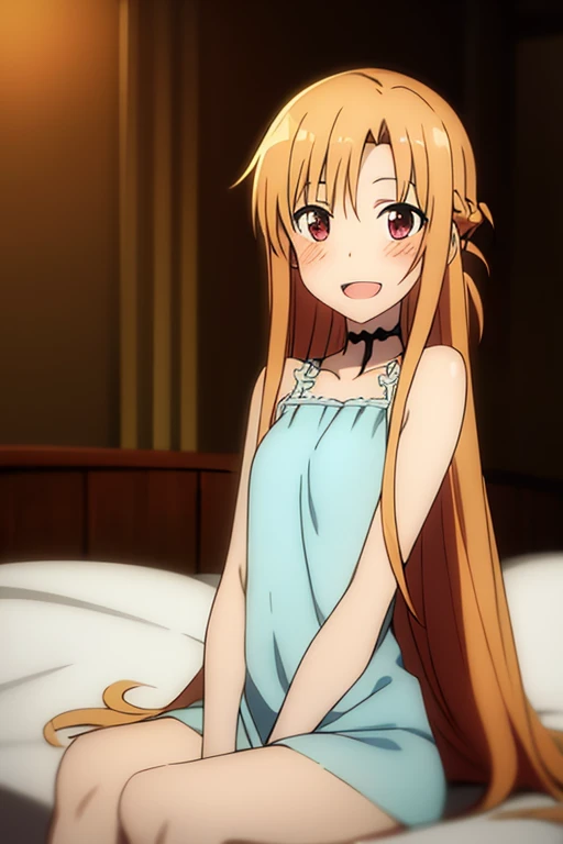 ((Best Quality)), ((masterpiece)), (be familiar with),  perfect face, indoor, bedroom,  is watching viewers,
One woman, Yuuki Asuna,
 characters with open mouth , Ecstatic expression, blush, smile,
Small breasts,  flat chest, , ,  kids, Girl,
Long Hair,  l...