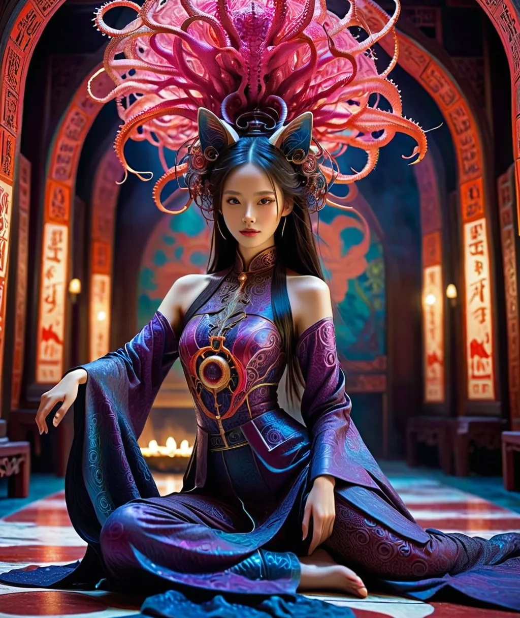 
A cinematic-style fullbody realisticphoto of a beautiful ancient chinese young lady dancer,with a charming smile ，Panorama，sit-astride::2, frontview::2
, femdom， iridescent，silver， Sexy，look back, shiny_astride, anatomy correct：2, slave man on all fours, ...