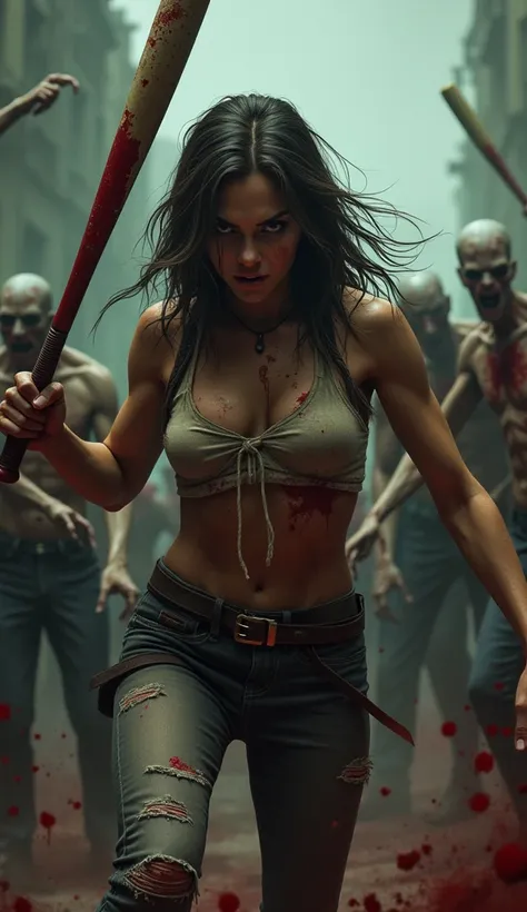 The cover image shows a woman fighting a horde of zombies fiercely, blood-splattered, with a baseball bat. She is wearing tattered clothes, her gaze fixed on a zombie in front of her. The scene is dark and atmospheric, with a realistic and fierce style.